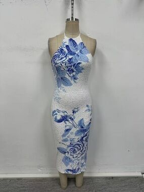 White & Blue Floral Halter Midi Dress
